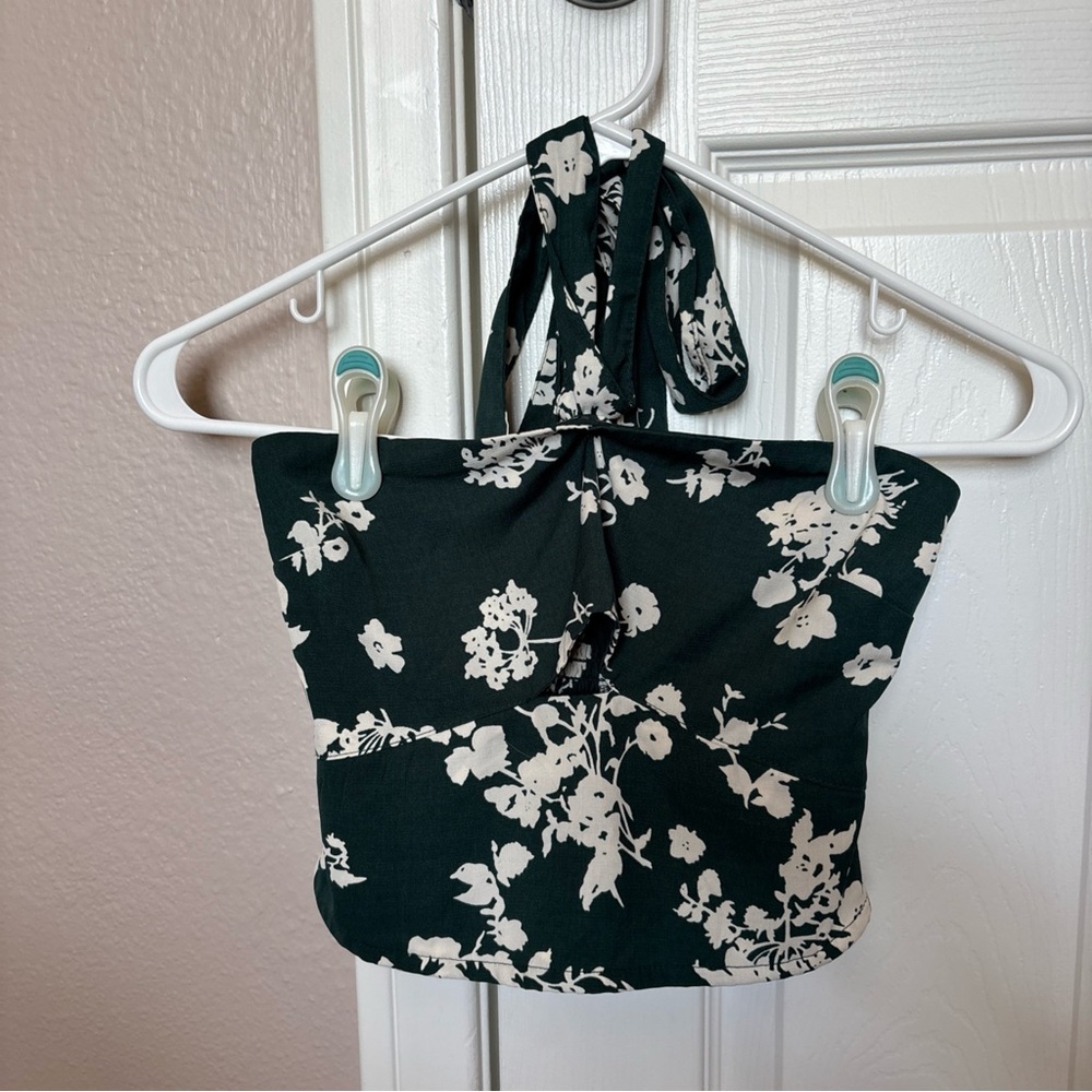 Abercrombie & Fitch Womens Halter Crop Top XXS Green White Smocked Back Tie Neck